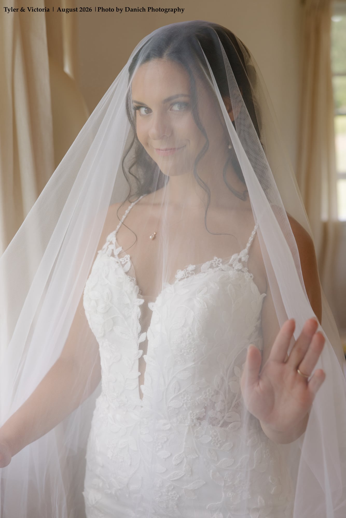 Delicate bridal gown back detail with pearl buttons and veil
