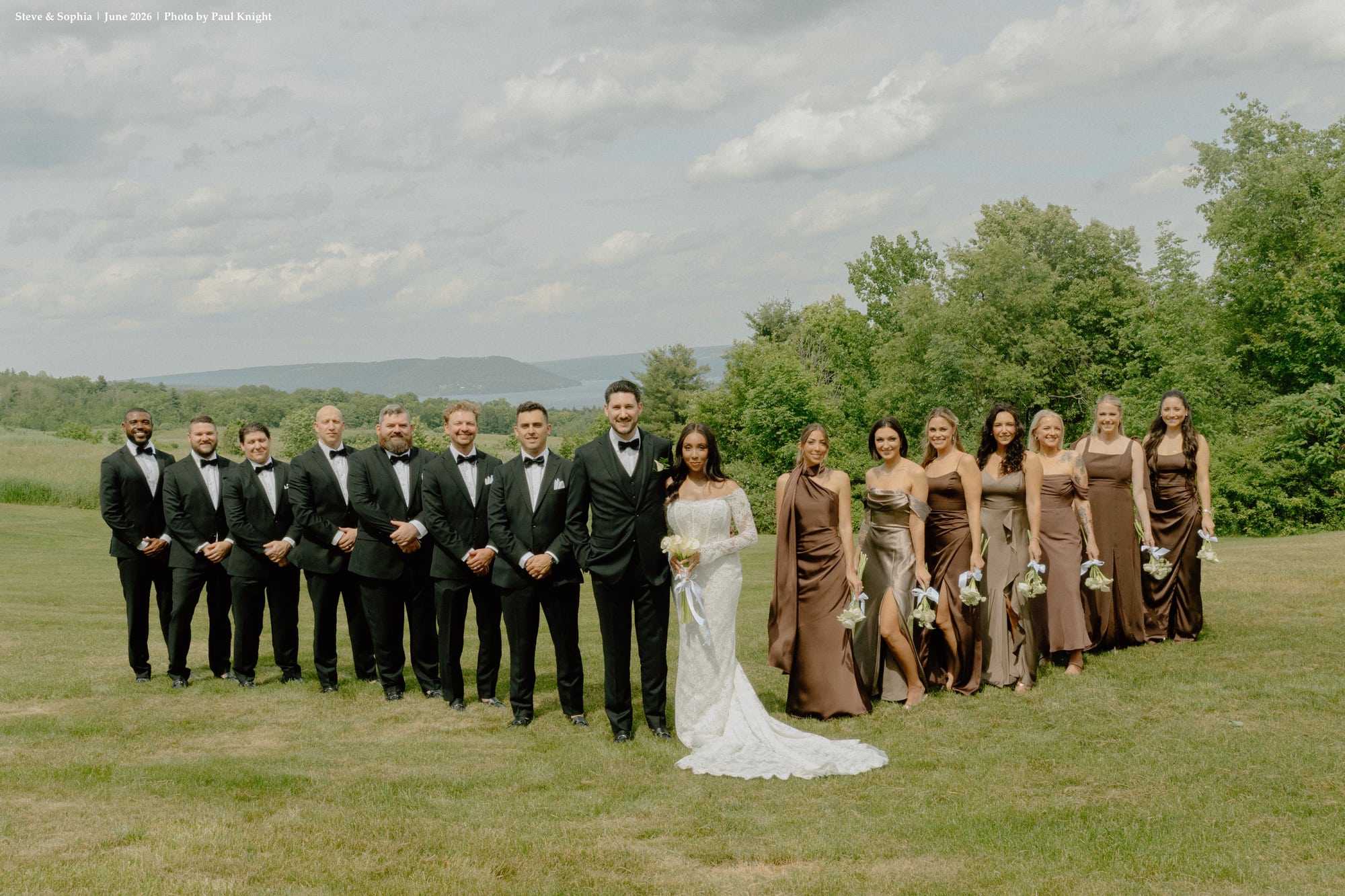 Scenic hillside wedding party celebration