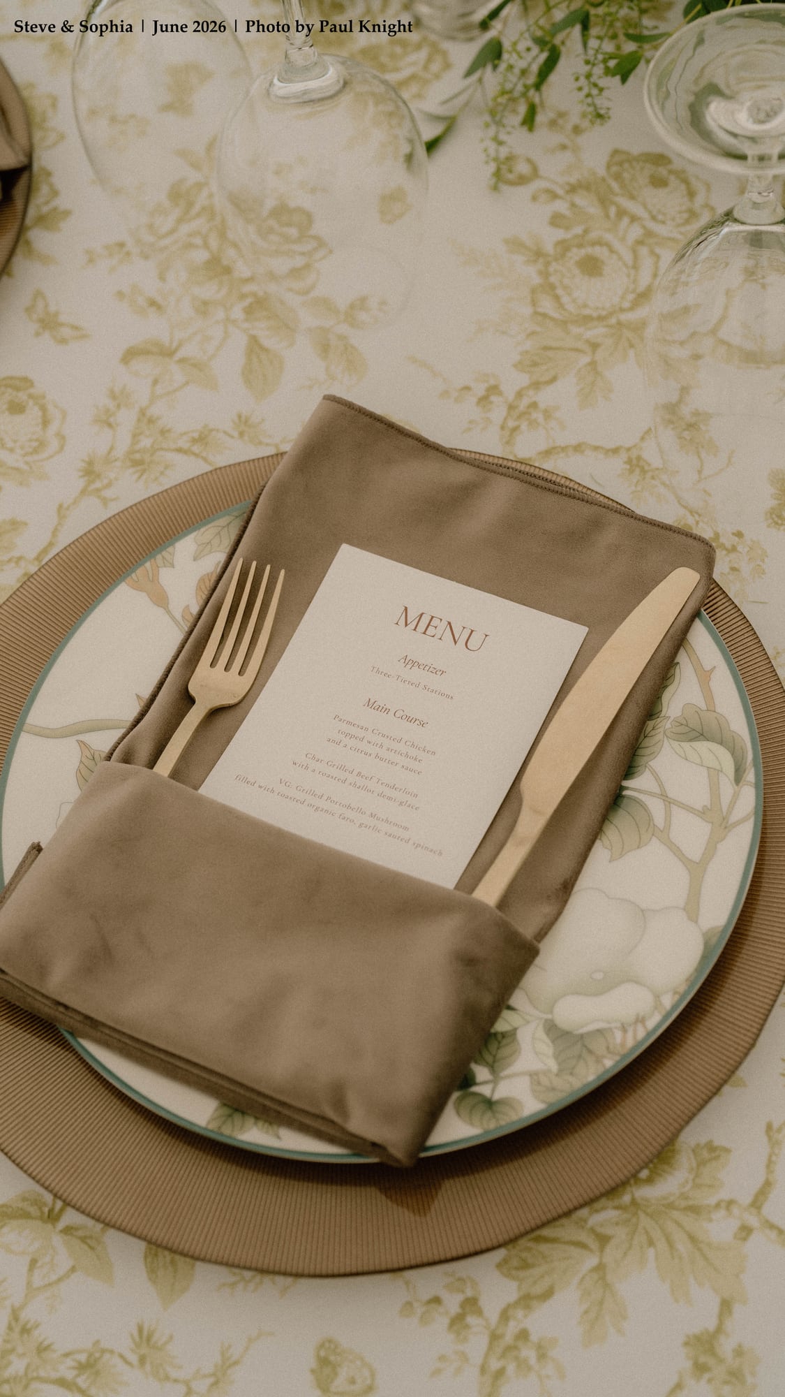 Curated wedding menu and elegant place setting