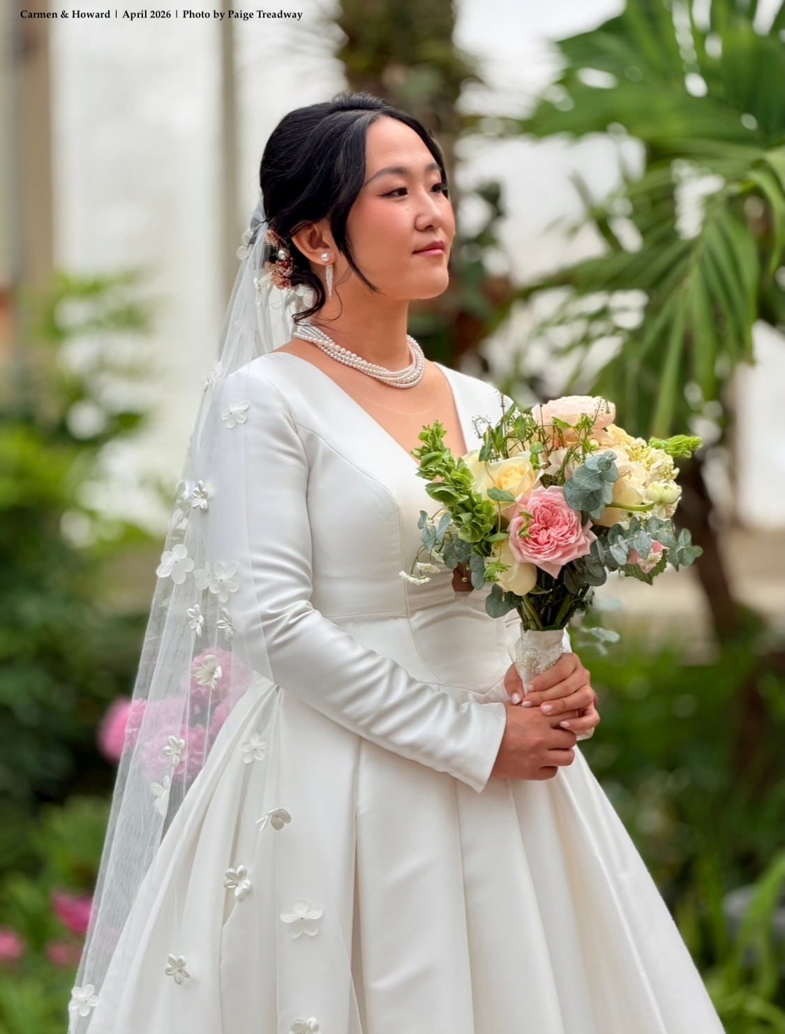 Elegant bride with delicate pastel bouquet and custom bridal details